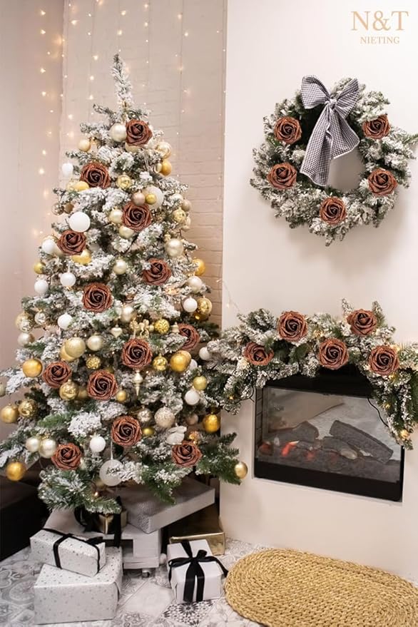 N&T NIETING Artificial Flowers Brown Glitter Flowers Foam 25pcs Roses Real Looking Fake Roses with Stem for DIY Wedding Bouquets Centerpieces Bridal Shower Party Home Decorations