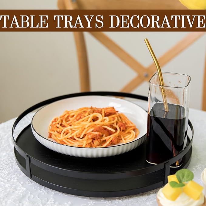 Defined Deco 12in Decorative Tray-Round Serving Tray with Metal Handle-Black Decorative Tray for Home Decor,Living Room Decor,Coffee Table Decor,Rustic Wooden Tray for Kitchen Table Decor,Dining Table