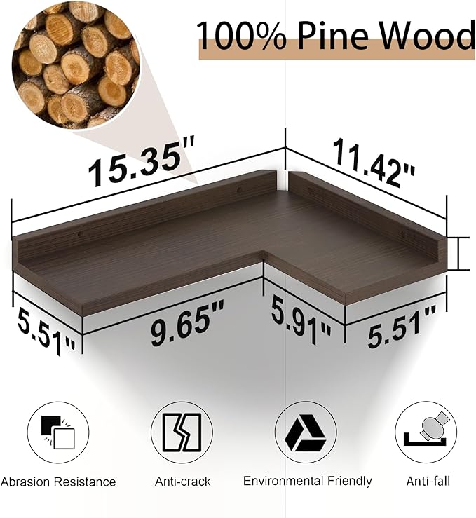 4 Tier Floating Corner Shelves - Set of 4 Rustic Wooden Floating Corner Wall Shelf with Cord Hole, L Shaped Corner Shelf Wall Mount for Bedroom,Living Room,Bathroom,Kitchen, Walnut Color