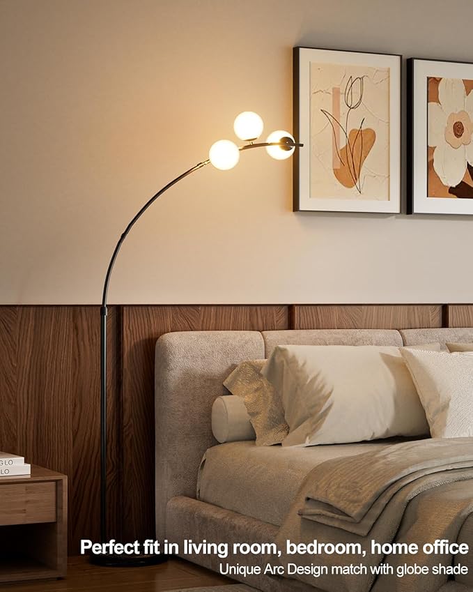 Lightdot 3 Globe Arc Floor Lamp - Contemporary Black Arc Lamp with Shatterproof Shade, LED Bulbs Included for Living Room, Bedroom & Home Office