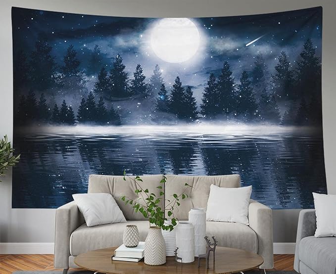 EMMTEEY Moon Tapestry Wall Hanging Dark Forest with Big Moon Moonlight Smoke Shadow Cold Night View Night Sky Tapestry 60X50 Tapestry Outdoor Tapestry