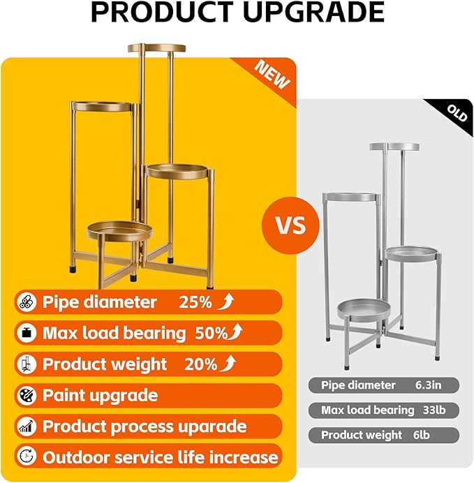 4 Tier Plant Stand Indoor Outdoor, 31 Inch Tall Metal Plant Shelf Waterproof, Plant Holder with Folding Design For Home, Living Room, New Upgrate Gold