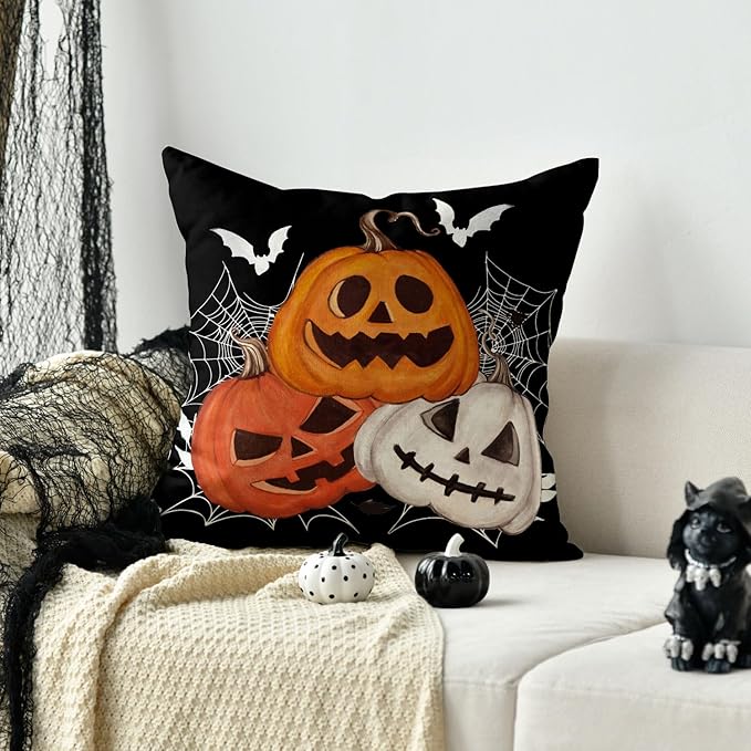 AVOIN colorlife Halloween Pumpkin Jack-O'-Lanterns Bat Throw Pillow Cover, 18 x 18 Inch Holiday Farmhouse Black Cushion Case Decoration for Sofa Couch