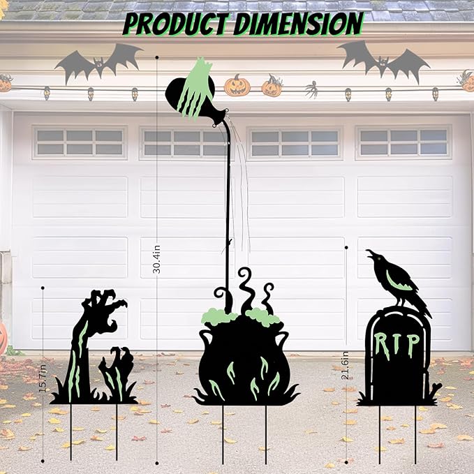 Halloween Yard Signs Outdoor Decorations,3 Pack Warerproof Solar Scary Fluorescent Metal Stake Lights Glow in The Dark for Lawn Garden Halloween Decor (Potions Ghost Hand Tombstone)