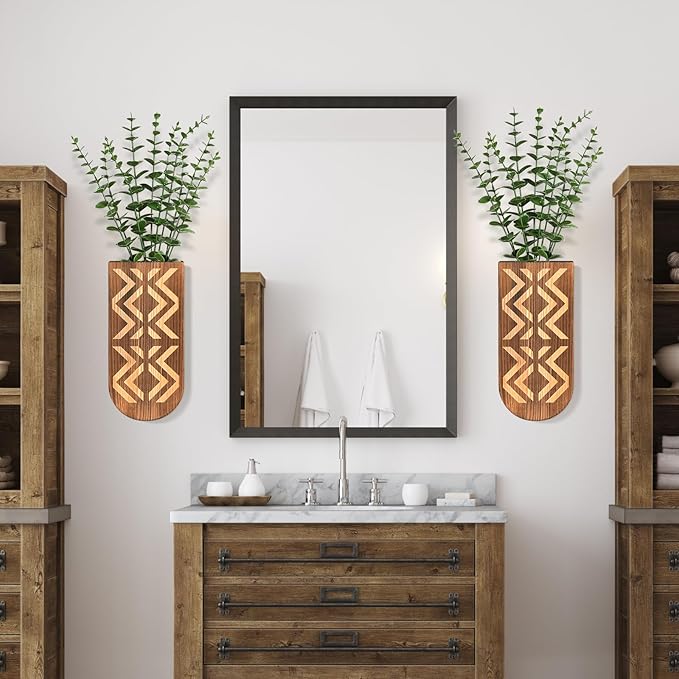 2 Pack Wooden Wall Vase Set, Wall Planter for Indoor Plants, Modern Farmhouse Art with Carving, Boho Wall Decor for Entryway, Hallway, Bathroom, Living Room, Dining Room