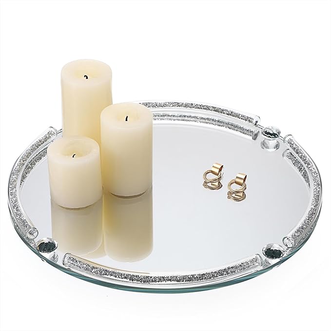Hipiwe Glass Mirrored Tray, 11.8" Round Mirror Decorative Tray with Crushed Diamond Design for Jewelry, Cosmetics, Bathroom Countertop Makeup Organizer