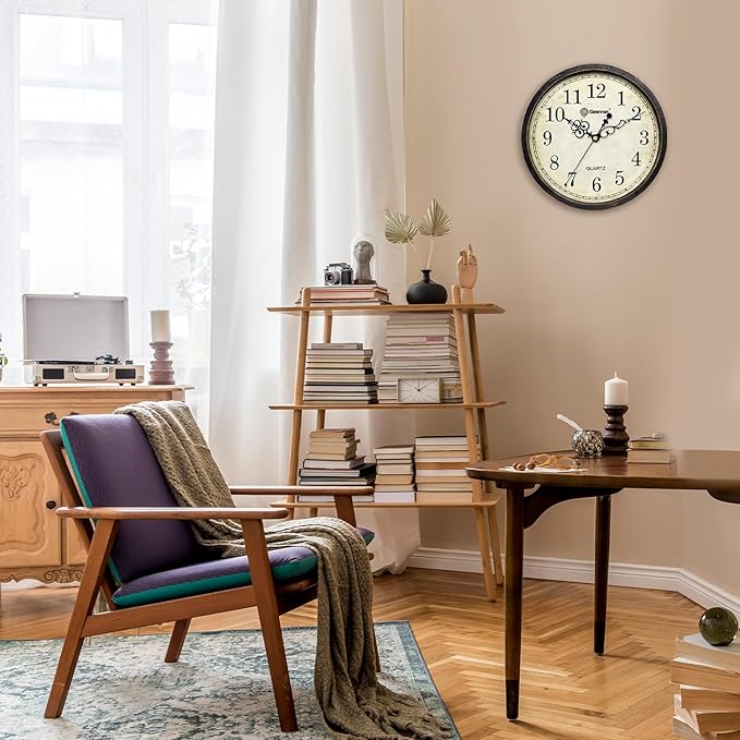 Geevon Vintage Wall Clock 10" Silent Non-Ticking - Retro Round Quartz Battery Operated Decorative Clock for Kitchen, Living Room, Bedroom, Office, Classroom