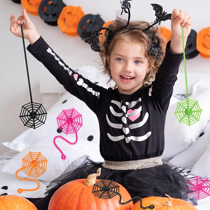 24 PCS Sticky Spider Web for Kids, 7.5 Inches Cobweb Sticky Hand Toys, Halloween Spider Party Favors for Goodie Bag Stuffers, Birthday, Classroom Prizes Supplies (4 Colors)