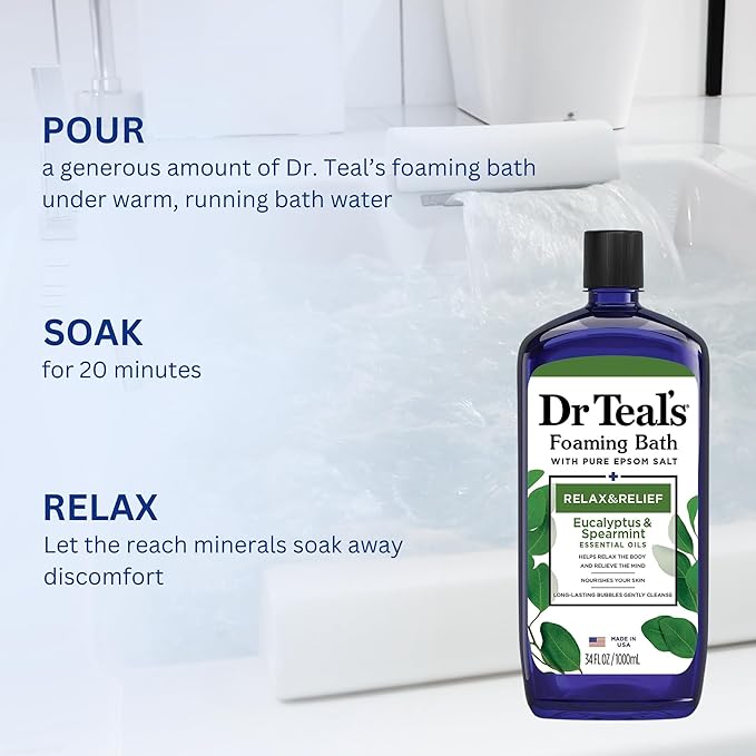 Dr. Teal's Eucalyptus and Spearmint Foaming Bath 34oz Bottles (Pack of 2) with Variety Junction Premium Bath Sponge - Relax and Relief, Bubble Bath, Relaxing, Men's and Women's