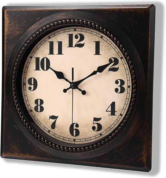 Wall Clock Vintage 1950s Style - Square Retro 12 Inch Wall Clocks Battery Operated for Kitchen Home Decor,Bronze