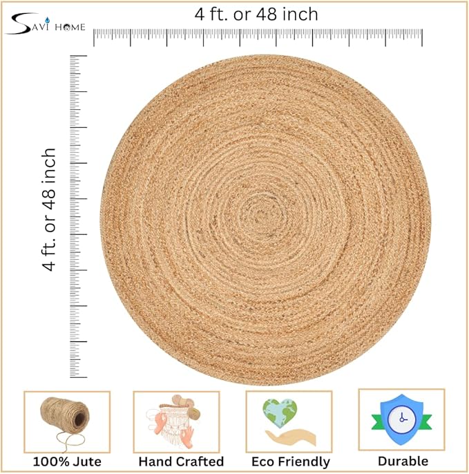 Savi Home Jute Area Rug Handwoven - 4 feet Round- Natural - Rustic Vintage Beige Braided Reversible Rug- Eco Friendly Rugs for Farmhouse, Bedroom, Kitchen, Living Room.