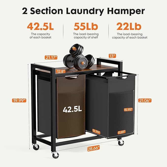 Sweetcrispy Laundry Hamper with 2 Pull-Out Removable Sorter Bags 2 × 13.1Gal (99L) Capacity, Movable Wheels, Freestanding Clothes Basket Organizer in Bathroom, Rustic Brown and Black