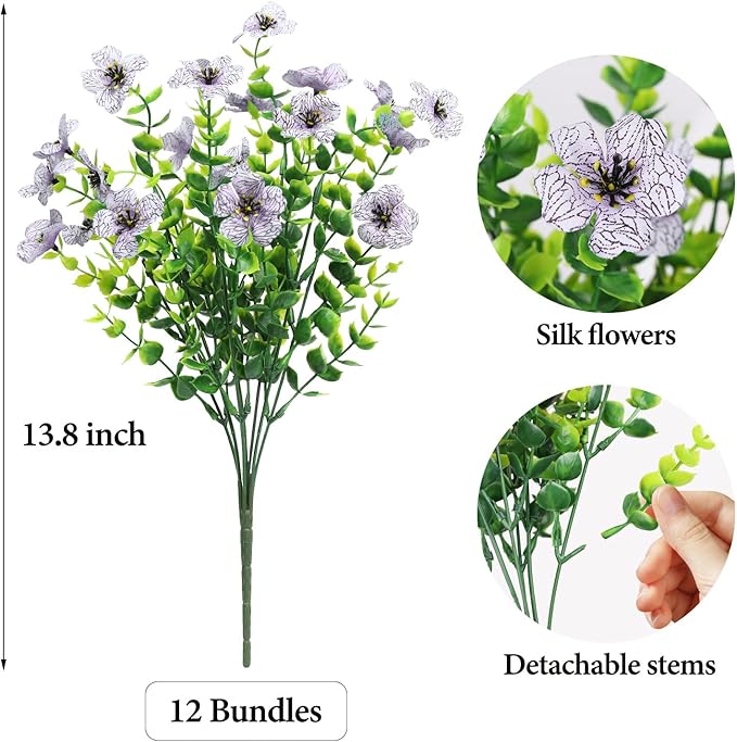 Artificial Flowers Outdoor Faux Plants UV Resistant 12 Bundles Fake Patio Flowers Plastic Greenery Plnats Outside Bulk for Spring Garden Hanging Planter Home Vase Decor, White
