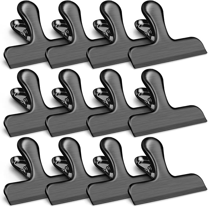 VNDUEEY 12 Pack Stainless Steel Chip Clips, Bag Clips for Food, Heavy Duty Chip Clip for Kitchen and Office to Seal Coffee Bags, Paper Sheets, Metal Clip Air Tight Seal-3 Inches, Black