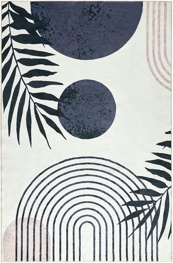 RoomTalks Mid Century Modern Living Room Rug Washable 5x7 Rug, Black Boho Cute Aesthetic Area Rugs Carpet for Bedroom Dining Room Office, Vintage Abstract Leaves Thin Indoor Entryway Rug Carpet