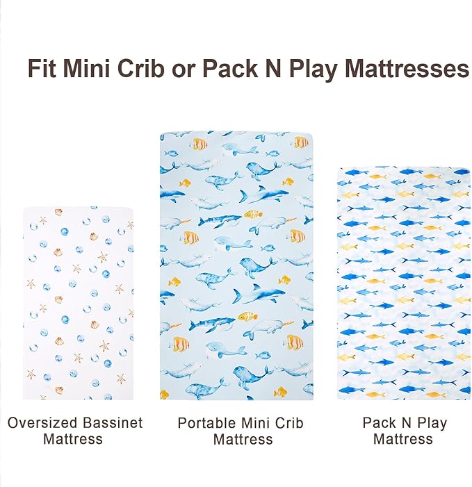 3 Pack Mini Crib Sheets, Premium Pack N Play Sheets for Boys Girls Neutral, Soft Breathable Baby Sheets Fit Pack N Play, Playard and Mini Crib Mattresses, Whale