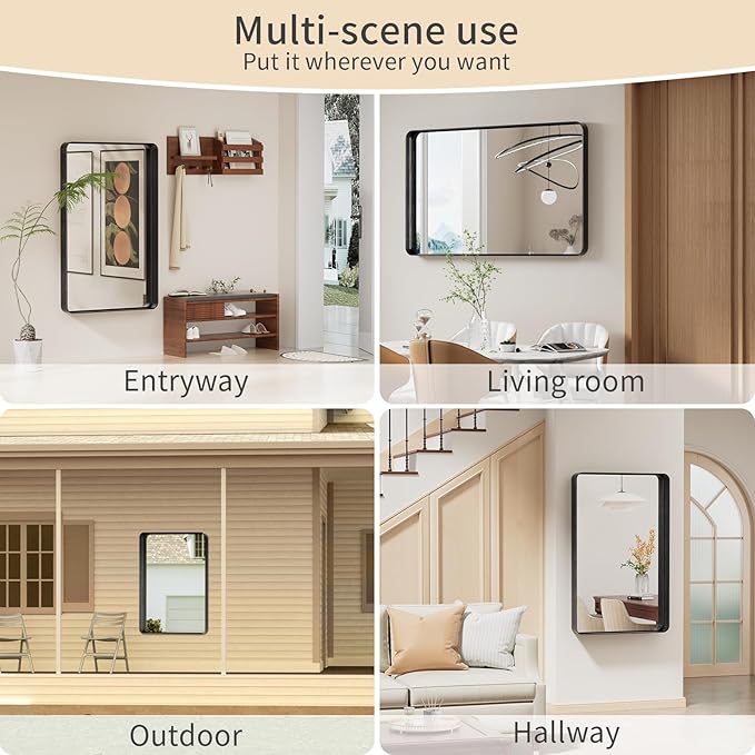 Koonmi Black Bathroom Mirror for Wall, 30x40 Inch Matte Metal Deep Framed Rounded Corner Wall Mirror, Shatterproof Tempered Glass for Farmhouse Bedroom Entryway, Vertically or Horizontally
