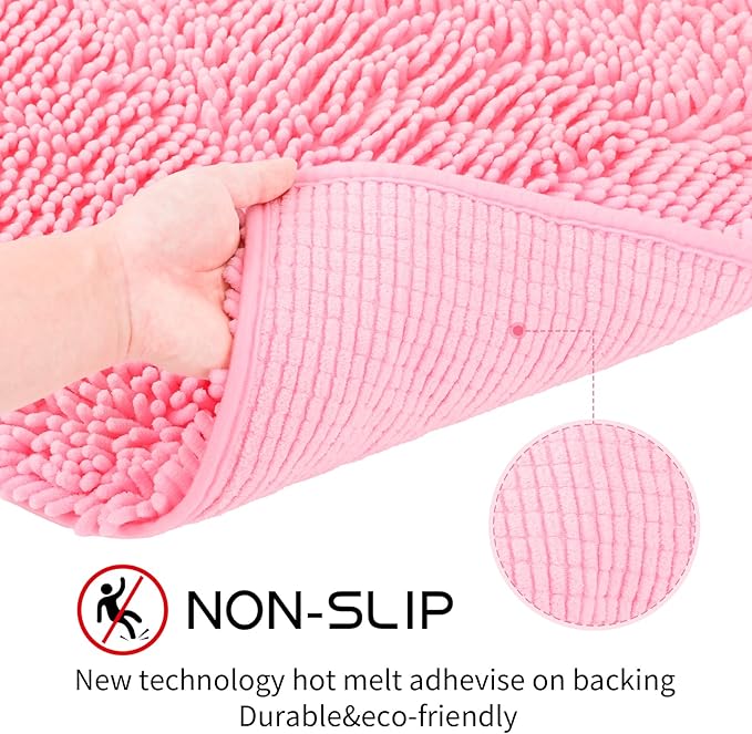 Bathroom Rugs Sets 2 Piece Washable, Luxury ,Chenille Bath Mat Set, Soft Plush Anti-Slip Rectangular Bath, Rug Super Absorbent. (Pink, 32"x20"+24"x16")