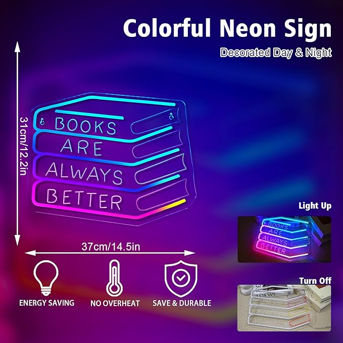 Books Are Always Better Neon Sign Student Classroom Neon Lights For Wall Decor Dimmable Colorful Light Up Sign For Bedroom Library Classroom Reading Study Room Decoration Boy Girls Gifts