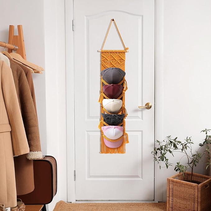 2 Pcs Baseball Cap Holder, Boho Macrame Hat Organizer for Wall, Over The Door Hat Rack for Decoration and Display Handmade Hanger for Baseball Holder up to 20 Caps(Yellow)