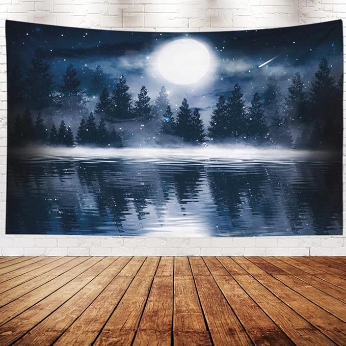 EMMTEEY Moon Tapestry Wall Hanging Dark Forest with Big Moon Moonlight Smoke Shadow Cold Night View Night Sky Tapestry 60X50 Tapestry Outdoor Tapestry