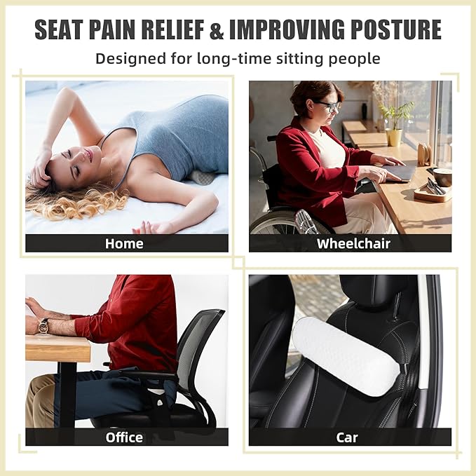 Lumbar Roll Pillow for Lower Back, Lumbar Support Foam Roll Cushion with Pillowcase and Upgraded Strap for Office, Chair, Car, Seat Pain Relief & Improving Posture (White grid, Long-15*4.3'')