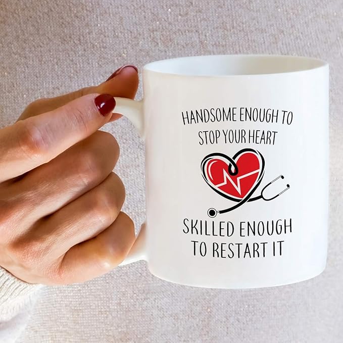 Retreez Funny Mug - Handsome Enough To Stop Your Heart Skilled to Restart It Doctor 11 Oz Ceramic Coffee Mugs - Funny, Sarcasm, Motivational, Inspirational birthday gifts for medics, friends coworkers