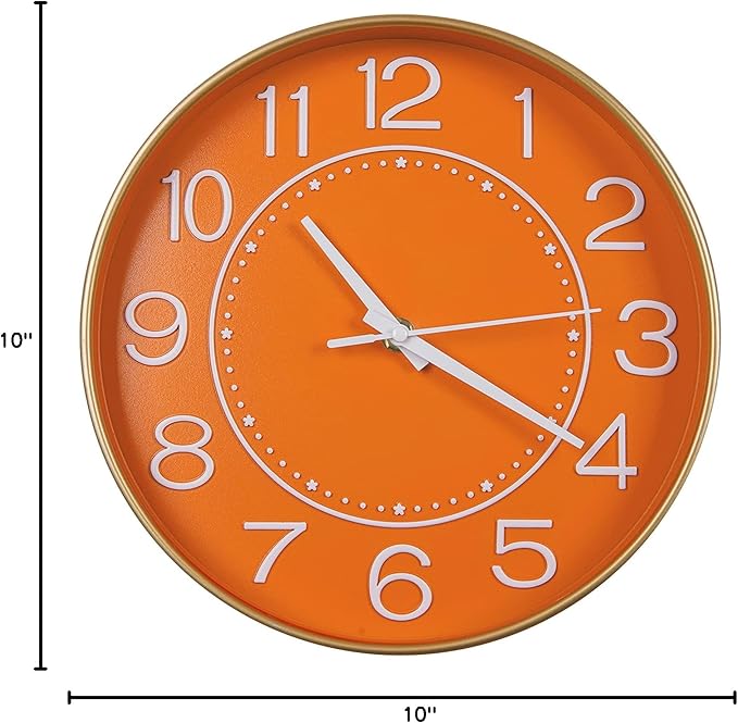 HZDHCLH Small Wall Clocks Battery Operated,Quartz Movement,Silent Non Ticking Modern Wall Clock for Living Room Bedroom Kitchen Office School Classroom Decor(10 inch,Orange & Gold)