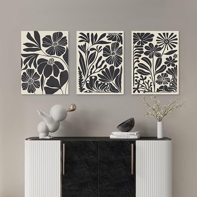 Framed Canvas Wall Art Set of 3, Minimalist Abstract Flower Floral Wall Art for Living Room, Boho Style Wall Decor Paintings, Modern Black Botanical Flower Art Print for Bathroom, Bedroom,
