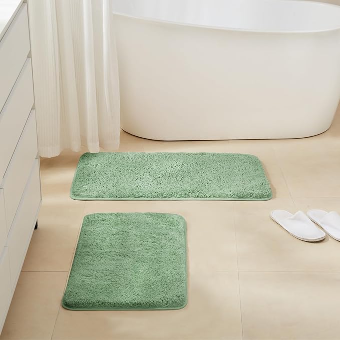 TECHMILLY Non-Slip Bathroom Rugs Sets 2 Piece, Fluffy Soft Luxury Microfiber Shower Mat, Absorbent, Washable & Quick Dry for Bath Floor, Green