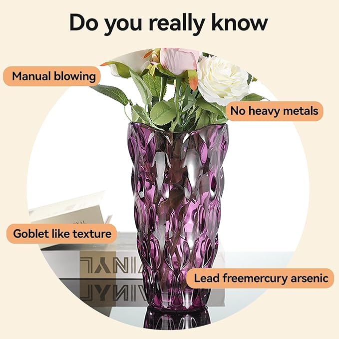 CEMABT 9.5inch 3.4 lb Glass Vases for Flowers Unbreakable Thickened Morden vase for Tables Centerpieces,Colorful,Vintage and Clear Rose Large Flower vases for Bouquet Unique Gifts(Purple)