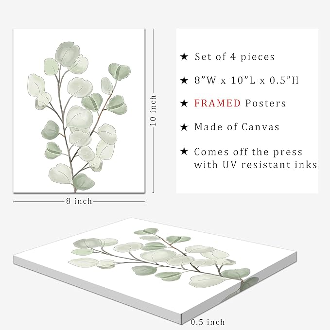 FRAMED Botanical Plant Canvas Wall Art,Boho Plant Wall Decor for Bedroom,Minimalist Floral Prints for Living Room,Light Green Botanical Art Painting for Office,Set of 4,8”x 10”