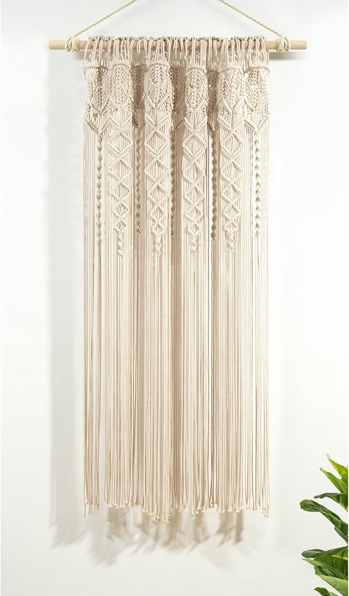 Lush Decor Boho Macrame Textured Cotton Window Curtain Panel, Single Panel, 40" W x 63" L, Neutral - Doorway Room Divider - Wedding Or Wall Decor - Boho Macrame Curtain