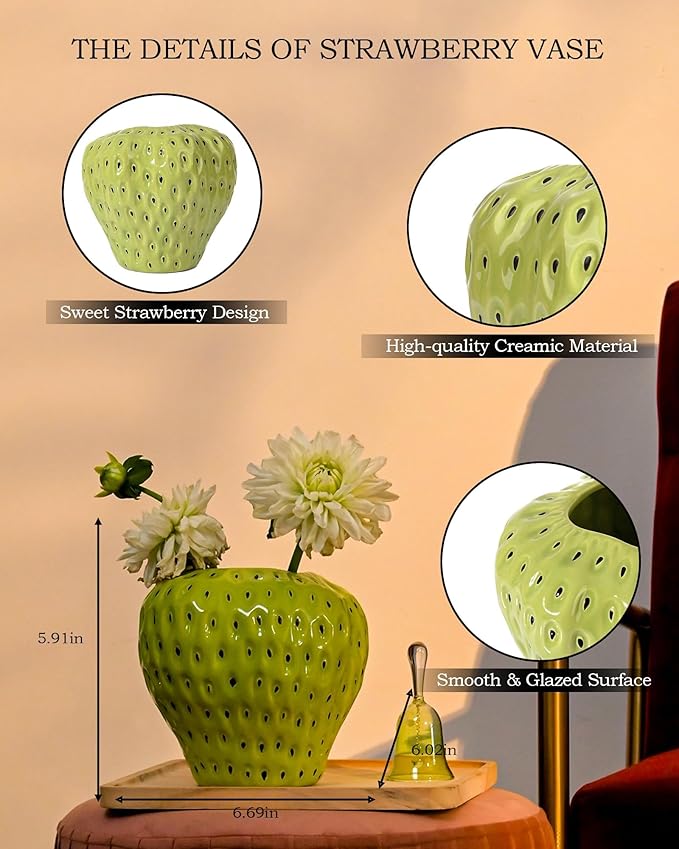 DN DECONATION Green Strawberry Vase, Ceramic Strawberry Vases for Lego Flowers, Decorative Cute Vases Cool Vase for Strawberry Party Home Decor