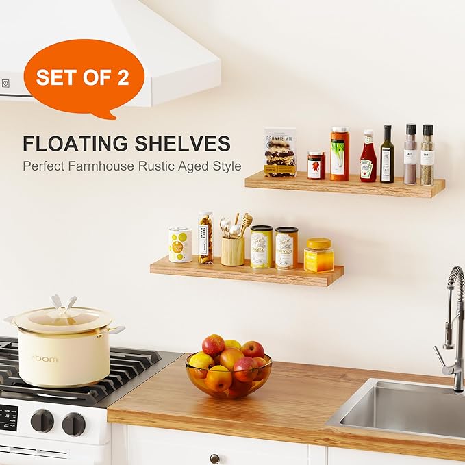 2 Packs Floating Shelves for Wall Storage Nursery Book Display Trinket Trophy Decorative Display Lack Living Room Bedroom Girl Dorm Decor Cute Mounted Shelf Wood Natural Thin Hanging Bookshelf 24 Inch
