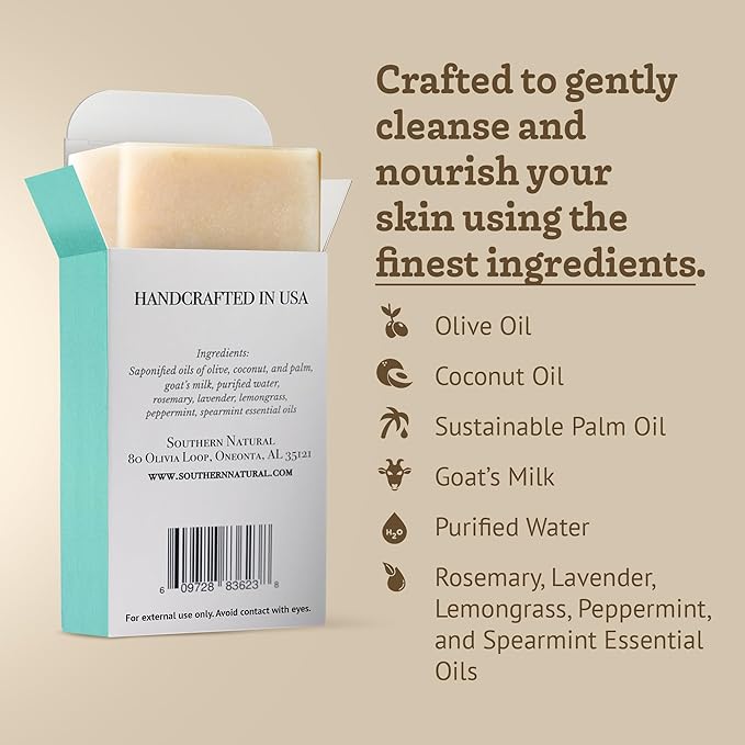 Southern Natural Goat Milk Soap Bar – Spa Fusion Essential Oil Blend – Gentle Handmade Soap for Dry, Sensitive Skin – All-Natural Face & Body Soap, 4 oz (1 Bar)