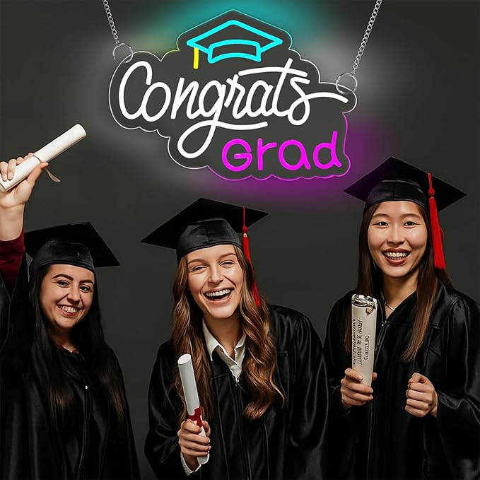 Congrats Grad Neon Sign, Graduation Light up Sign with Cap, LED Adjustable USB Powered Neon Light for Prom Party Class Room Dorm Photos Background Wall Art Decoration Celebration Gifts (16" x 12.5")