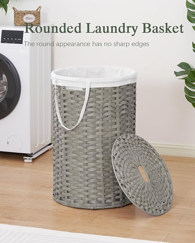 Large Laundry Hamper Laundry Basket Round 34.3 Gal (130 L) Handwoven Wicker Laundry Baskets Rattan Laundry Basket with Laundry Bag Handles 2 Mesh Bags for Living Room Bedroom Gray