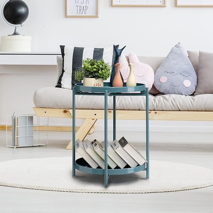 TeoKJ 2 Tier Round Side Table, Folding Round Metal End Table Small Nightstand with Two Removable Tray for Bedroom Living Room Bedside Small Spaces Blue Gray