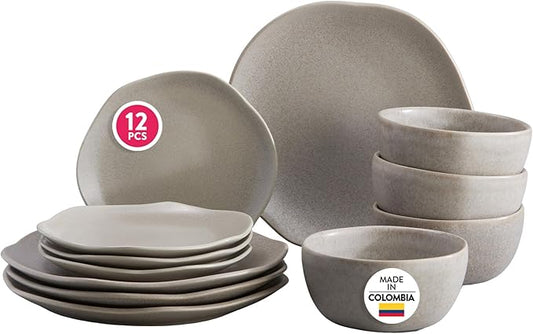 Corona Dinnerware Set 12– piece, Plates and Bowls Set, Ceramic Sets for 4, Microwave and Dishwasher Safe, Concreto Reactive Glaze