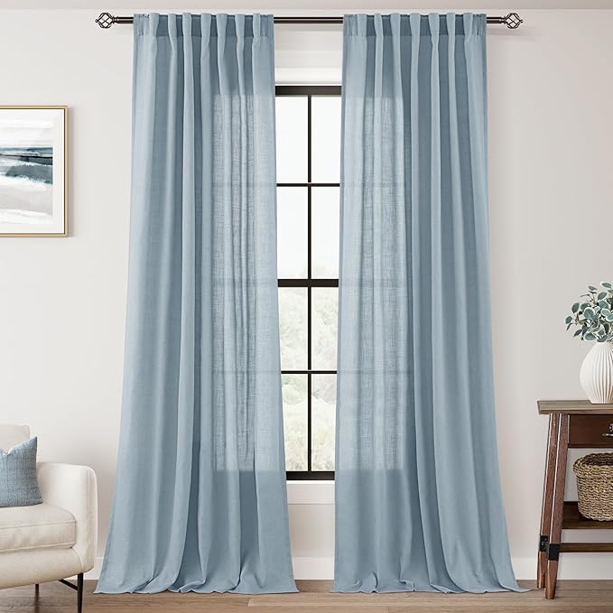 Dusty Blue Linen Curtains for Living Room Back Tab Light Filtering Semi Sheer Light Blue Bedroom Curtain Linen Cotton Textured Grey Blue Drapery Panel Airy Modern Farmhouse Aesthetic Decor 52x102 Long