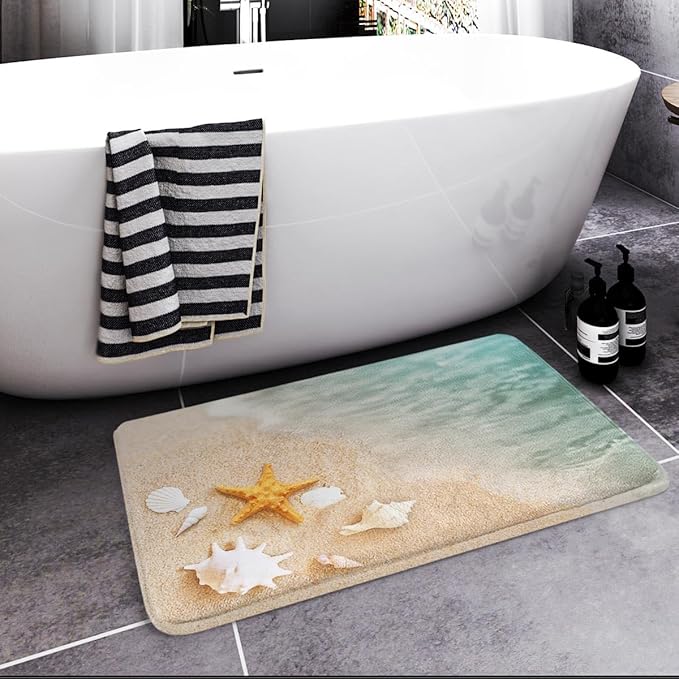 Britimes Bath Mat for Bathroom, Beach Starfish Sea Shell Washable Cover Floor Rug Carpets Floor Mat Bathroom Decorations 16x24 Inches for Kitchen Bedroom Indoor