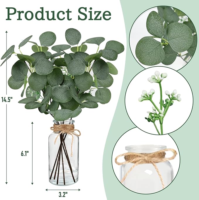 Artificial Eucalyptus Stems in Glass Vase 14" 6Pcs Faux Eucalyptus Branches Home Table Decor Fake Greenery Plants Stems for Farmhouse Wedding Centerpiece Bathroom Decorations