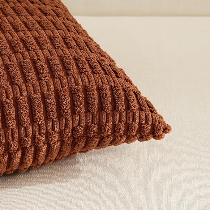 Fancy Homi 4 Packs Rust Decorative Throw Pillow Covers 22x22 Inch for Living Room Couch Bed Sofa, Terracotta Rustic Farmhouse Boho Home Decor, Soft Plush Striped Corduroy Square Cushion Case 55x55 cm