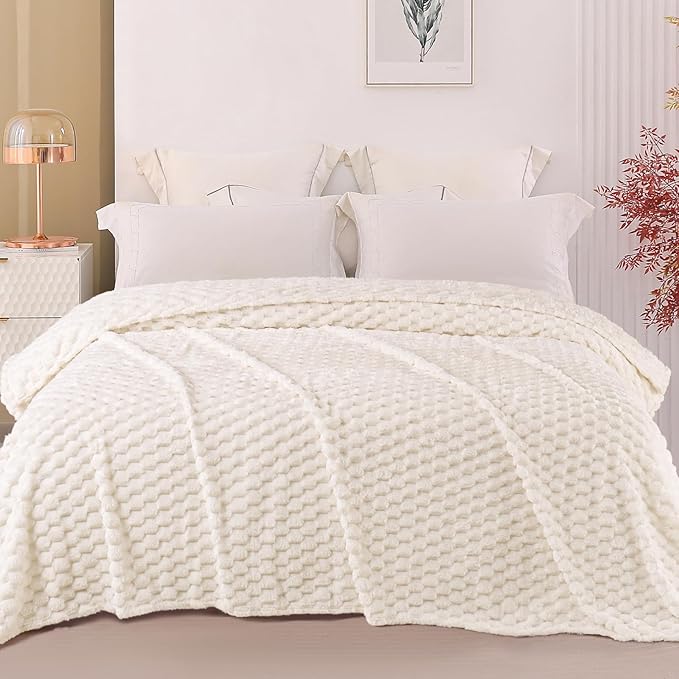 Exclusivo Mezcla Queen Size Soft Fleece Blanket, 90x90 Inches Stylish Jacquard Velvet Blanket for Bed, Fuzzy Cozy Lightweight for All Season, Ivory