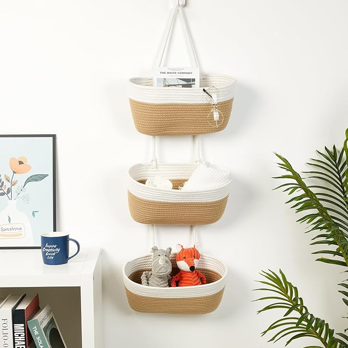DULLEMELO Hanging Storage Basket for Organizing, 3-Tier Over The Door Organizer, Woven Wall Basket Decor Hanging Baskets for Storage, Versatile Storage for Every Room, White&Jute