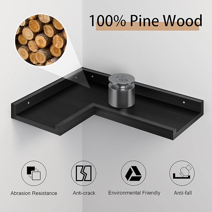 4 Tier Corner Wall Shelf, Floating Corner Shelves with Lip, Black Modern Corner Shelves Wall Mounted, Solid Pine Wood Wall Shelf L shaped shelf for Living Room, Bedroom, Bathroom, Home Storage