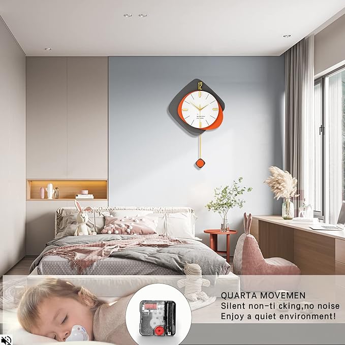 FLEBLE Large Wall Clocks for Living Room Decor Big Modern Decortive Wall Clock with Pendulum Battery Operated for Home Bedroom Office Kitchen 20 inch Unique Wood Hanging Clock Silent Non-Ticking