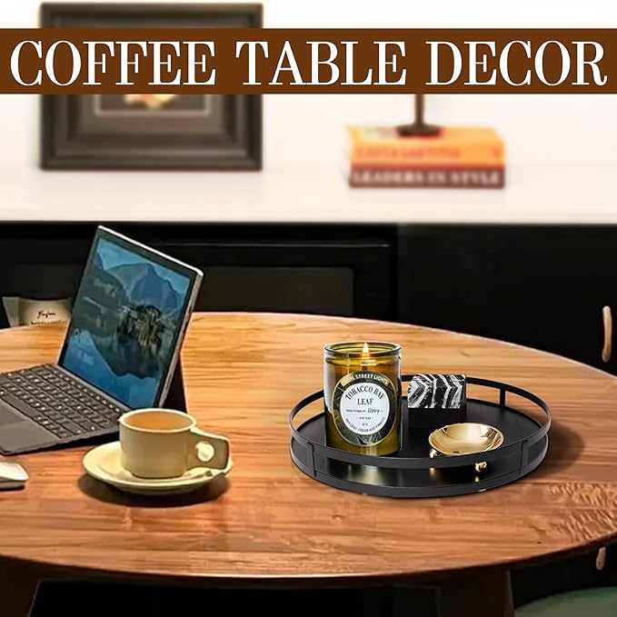 Defined Deco 12in Decorative Tray-Round Serving Tray with Metal Handle-Black Decorative Tray for Home Decor,Living Room Decor,Coffee Table Decor,Rustic Wooden Tray for Kitchen Table Decor,Dining Table