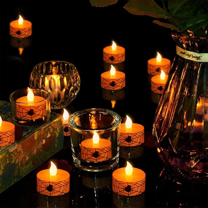 DRomance Halloween Flameless Votive Candles Battery Operated with 6H Timer, 12 Pack Spider Cobweb Decal LED Flickering Pumpkin Tea Lights Candles Fall Indoor Decoration(1.5" D x 1.4" H)